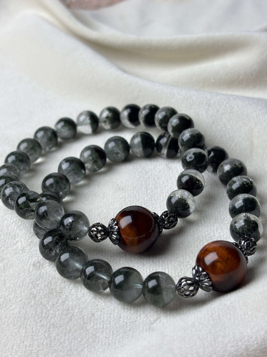 Green Phantom Wealth & Protection Crystal Bracelet (Green Quartz & Red Tiger’s Eye)